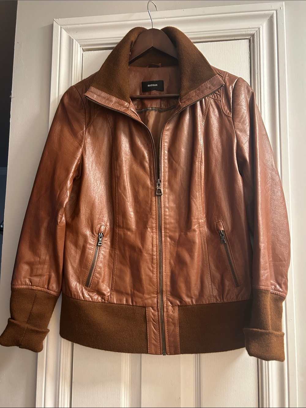 RUDSAK Cognac Brown Leather Bomber Jacket